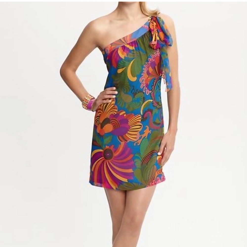 Trina Turk X Banana Republic 100% Silk Colorful One-Shoulder Maximalist Dress 2P